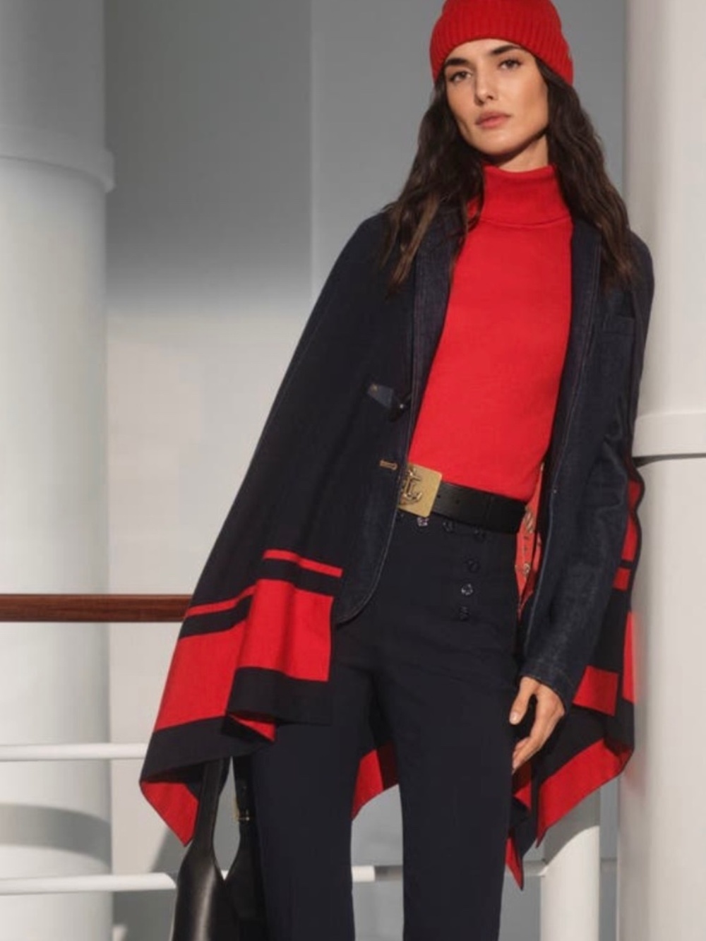 Lauren Ralph Lauren  Intarsia-Knit Two-Tone Poncho Navy Red One Size Plus